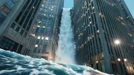 Surreal cityscape featuring a massive waterfall cascading between skyscrapers with waves crashing in the foreground creating a dramatic and visually striking urban fantasy scene