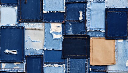Seamless denim patchwork background with rough torn edges and textures