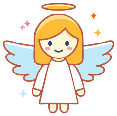 Cartoon angel with halo, wings, and sparkles, happy expression