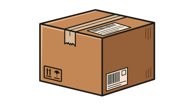 Isometric vector illustration of a sealed cardboard shipping box with labels and tape, isolated on a white background.