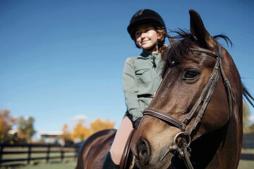 Young Girl Riding Horse on Sunny Day Low Angle Equestrian Sport Training Outdoors Ranch Lifestyle