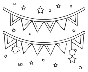 Outline drawing of festive party bunting banners with scattered stars and confetti. Perfect for celebration and decoration coloring.