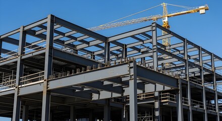Steel skeleton structure of commercial building under construction against clear blue sky.