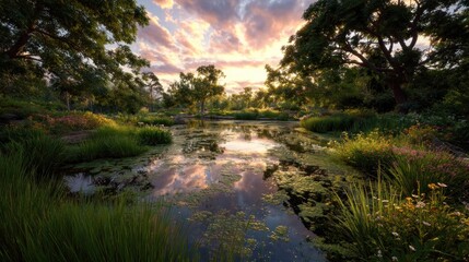 Obraz premium Breathtaking Sunset Reflection over Tranquil Pond Surrounded by Lush Greenery and Vibrant Flowers