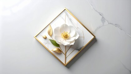 Elegant blossom artwork within a golden frame, displayed on marble backdrop