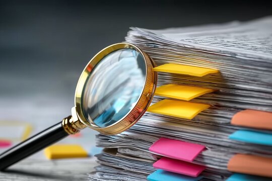 Magnifying Glass Examines Colorful Tabbed Documents for Detailed Analysis and Research