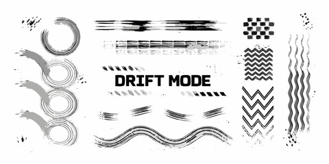 Collection of abstract grunge brush stroke elements and tire tracks with drift mode text © MituRani