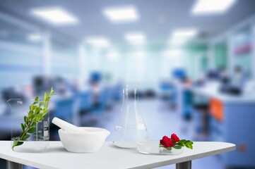 Glass flask and test tubes with samples in laboratory
