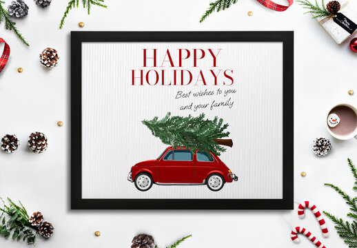 Festive Car Carrying Christmas Tree Frame Mockup PSD