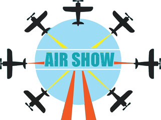 Exciting air show with stunt planes and vibrant trails, perfect for promoting aviation events and family fun, a dynamic illustration for posters or ads