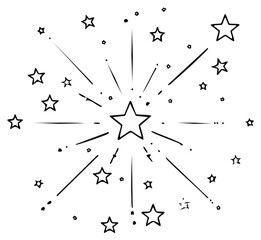Abstract hand-drawn star explosion graphic with radiating lines and small sparkling elements.