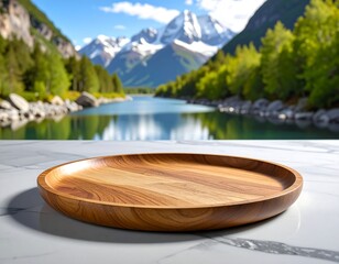 A wooden platter rests on a marble surface overlooking a mountain lake