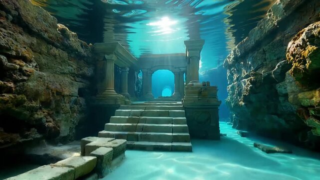 Underwater ruins of an ancient city with stone columns and steps bathed in sunlight creating a serene and mysterious atmosphere perfect for fantasy adventure and historical exploration themes