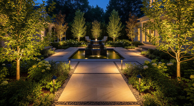 Beautiful landscape design of the backyard of a private house.