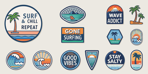 Collection of surf and beach themed patches with tropical vibes and motivational sayings