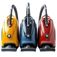 Fototapeta premium Three canister vacuums in yellow blue and red on a black background transparent background, png