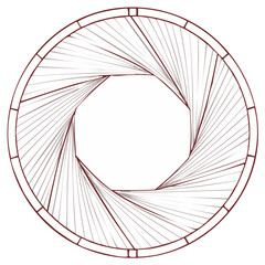 Minimalist line art illustration of a camera shutter aperture with a spiral geometric pattern