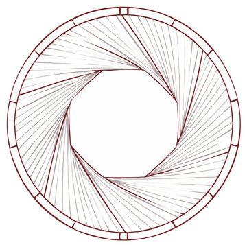 Minimalist line art illustration of a camera shutter aperture with a spiral geometric pattern