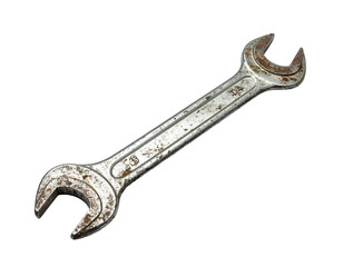 Worn, metal open-end wrench with signs of rust, angled diagonally on a black background, showing wear and tear