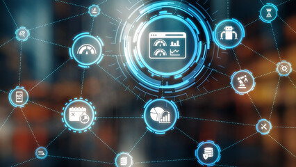 Predictive maintenance icons for industry, automation, smart factory and manufacturing showing data analysis, monitoring, robotics and system optimization with advanced maintenance solutions. Gist