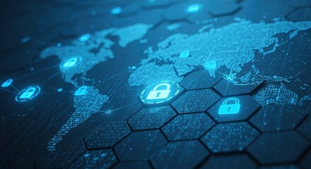 Global data security concept with world map and lock icons. cybe