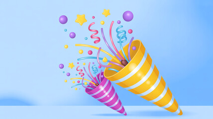 Two party poppers exploding with colorful confetti and stars