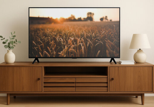 Modern Wooden TV Mockup Stand Setup PSD