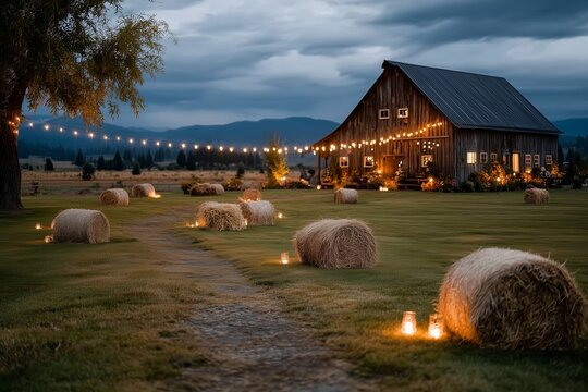 Cozy Barnyard Evening: Twinkling Lights and Hay Bales Under a Moody Sky