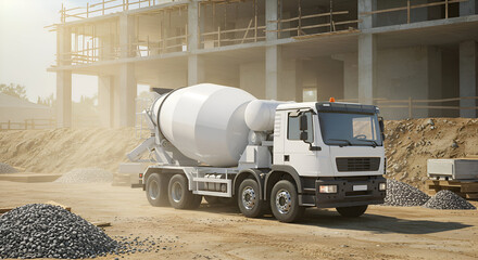 Construction site with a white concrete mixer truck moving materials for a new building project. A large concrete mixer truck moves across a construction site near a partially constructed building.