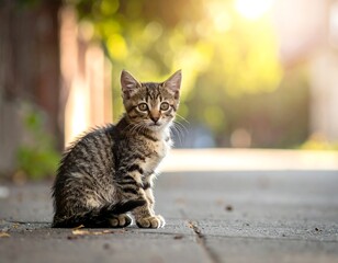Adorable tabby kitten sitting attentively outdoors with a sunny background