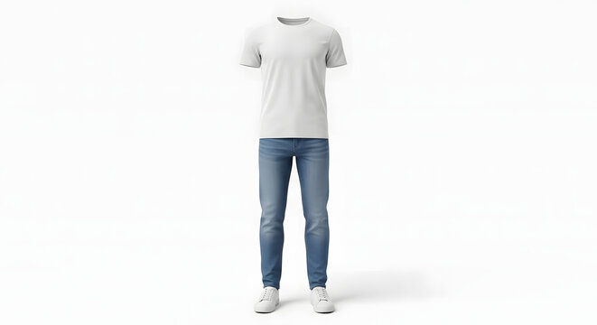 Complete casual outfit mockup with t-shirt, jeans, and sneakers on invisible mannequin, blank clothing for design placement, clean studio setting, high detail - Powered by Adobe