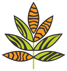 Fototapeta premium Stylized leaf with green and orange segments and black outlines on a simple stem
