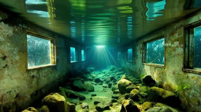 Sunken building interior with light rays piercing through the water creating an eerie underwater scene with rocks and algae covered walls and windows offering a glimpse into the deep blue