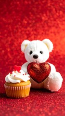 Adorable teddy bear holding heart, next to cupcake on sparkly background