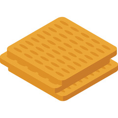 Isometric illustration of two golden brown square crackers stacked together on a white background with a transparent background effect highlighting the textured surface of the baked snacks