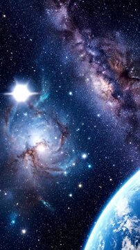Earth and Deep Space Nebula - A stunning view of Earth from space, with a vibrant nebula and the Milky Way galaxy visible in the background. The video showcases the vastness and beauty of the cosmos.