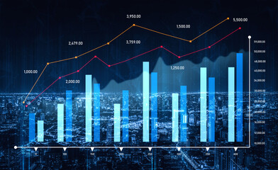 A vibrant financial growth graph displays rising trends and profits against a city skyline, highlighting modern business data visualization in an urban setting. Scalp