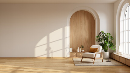 Modern living room with a  white velvet armchair on wooden floor and white wall and large arched windows.3drender
