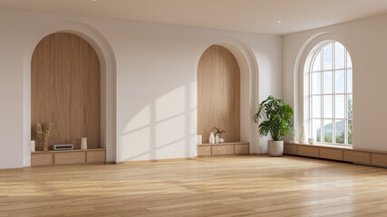 Empty living room with two wooden arched niches.with white wall and a large arched window with a forest view.3d render
