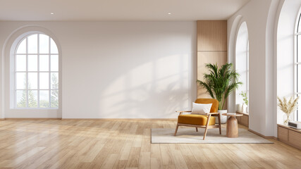 Modern living room with a  yellow velvet armchair on wooden floor and white wall and large arched windows.3drender