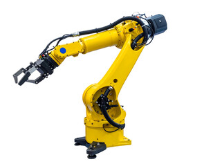 Yellow industrial robot arm with articulated joints and a gripper against a black background, facing slightly left