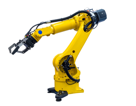 Yellow industrial robot arm with articulated joints and a gripper against a black background, facing slightly left