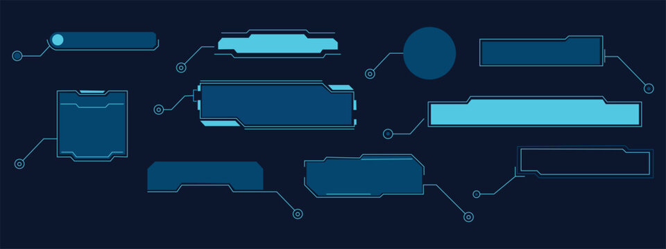 Futuristic callout titles. Virtual sci fi textbox for HUD. Tech hologram data frames. Cyber UI callouts. Digital layout element icon vector. callouts, boxes, and graphic o symbol. vector illustration.