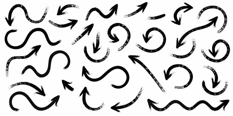 Collection of diverse black hand drawn grunge arrows pointing in various directions on a white background