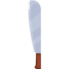A curved silver blade machete with a brown wooden handle on a white background