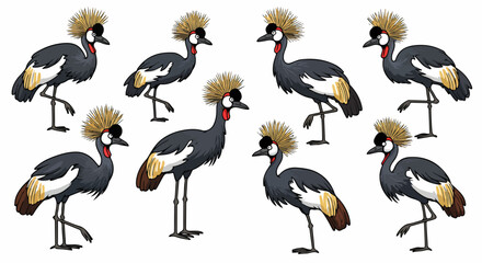 Grey crowned cranes in various poses with transparent background