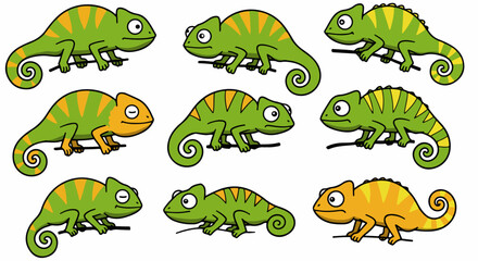 Green and yellow chameleon set with transparent background