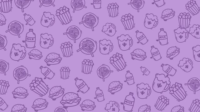 food and drink lineart doodle seamless pattern with purple background