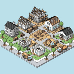 Isometric illustration depicts various stages of residential construction, showcasing the building process from foundation to finished homes with trucks and equipment.