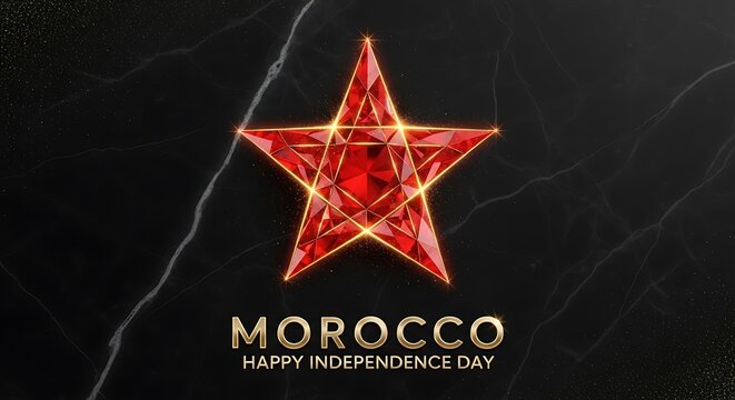 Sparkling Red Star of Morocco: Independence Day Celebration on Black Marble.